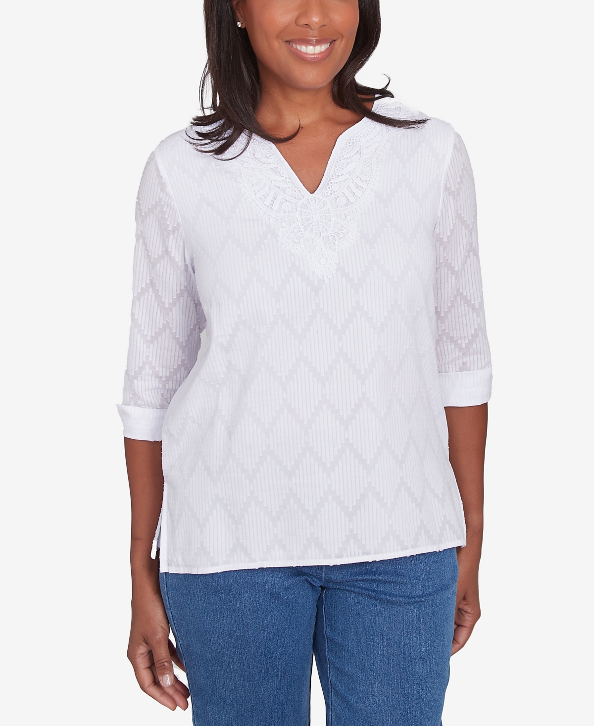 Alfred Dunner Petite Classics White Textured Split Neck Top In White