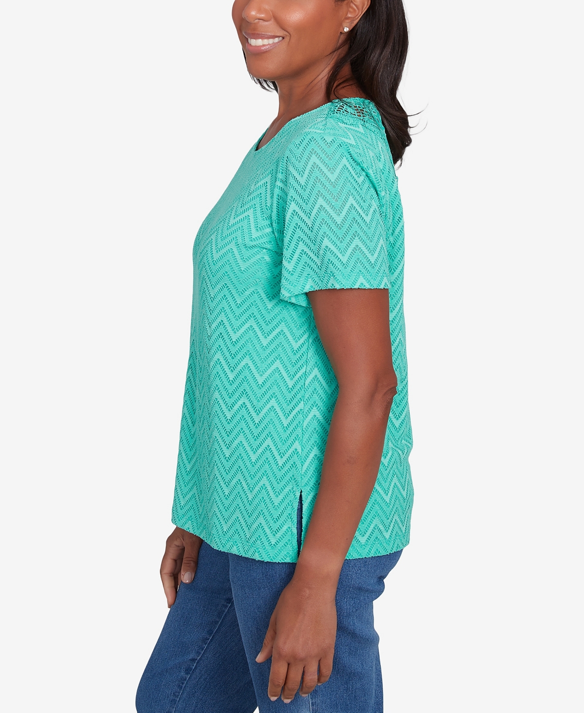 Alfred Dunner Petite Classics Textured Chevron Lace Back T-shirt In Jade