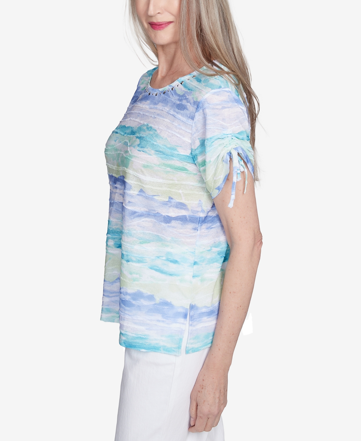 Alfred Dunner Women's Tied Short Sleeve Watercolor Top In Blue