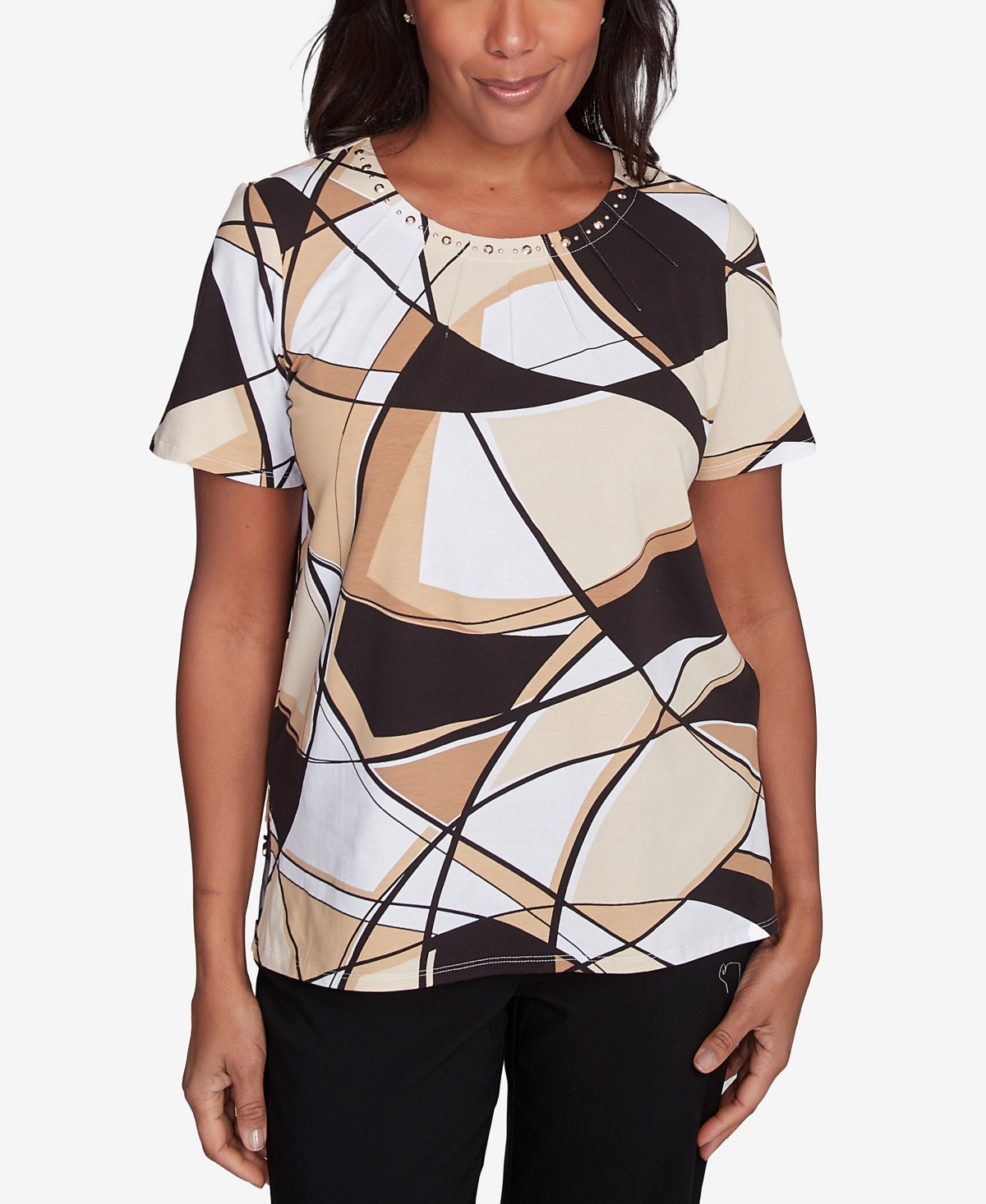 Alfred Dunner Petite Geometric Top With Detailed Neckline In Black,tan