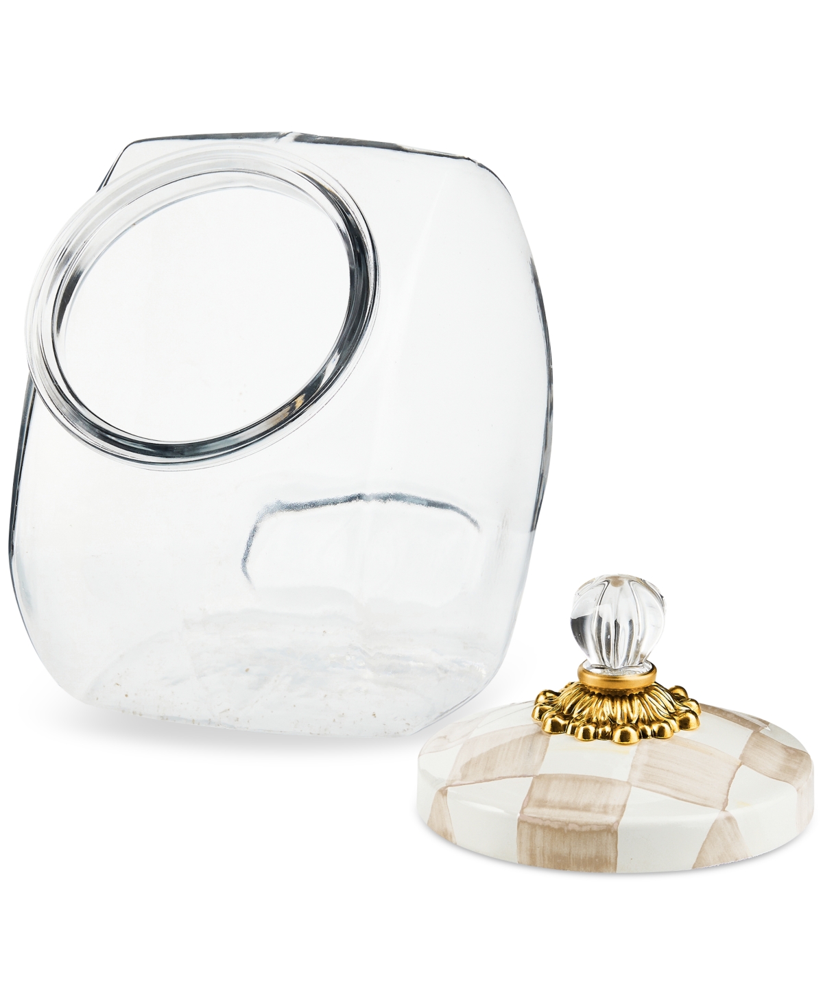Mackenzie-childs Mocha Check-lid Clear Glass Cookie Jar In Brown