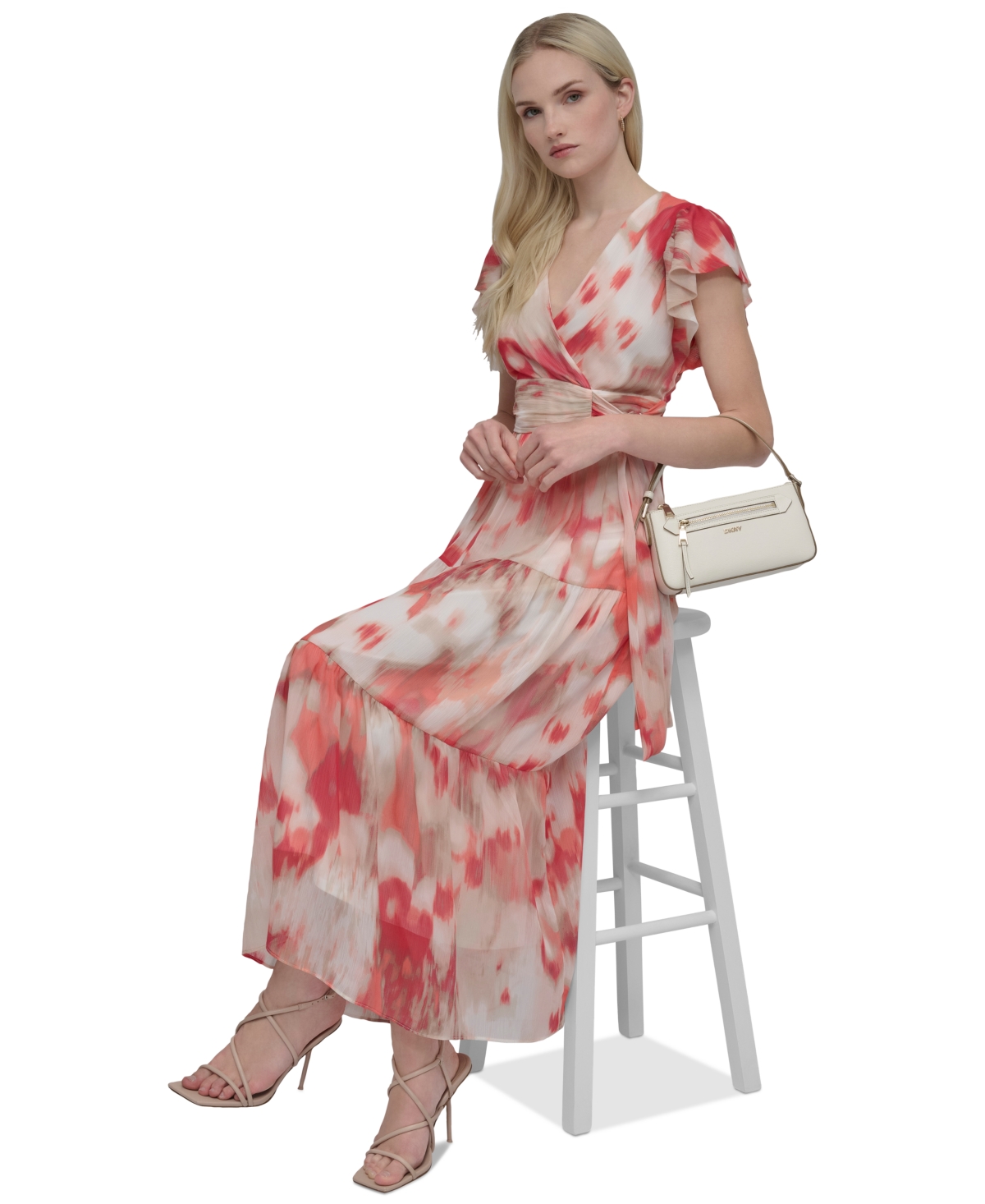 DKNY WOMEN'S PRINTED FLUTTER-SLEEVE TIE-WAIST MAXI DRESS 