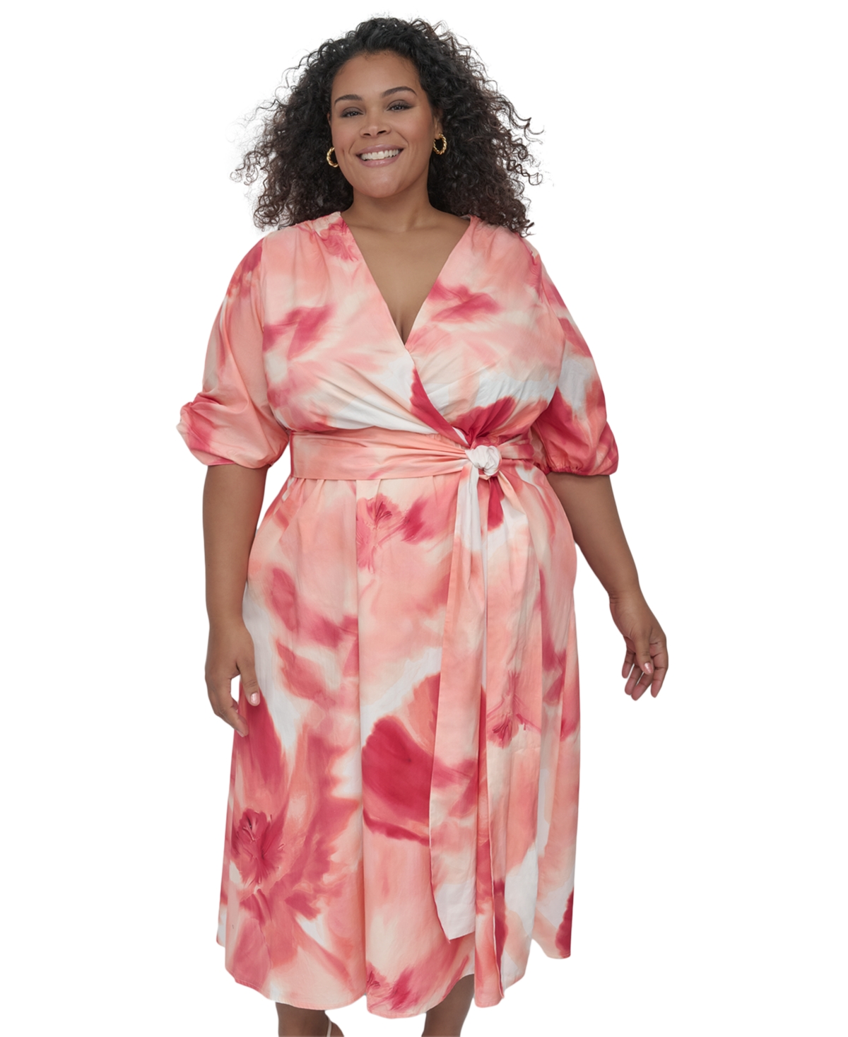 Dkny Plus Size Cotton Puff-sleeve Fit & Flare Dress In Watermelon Multi