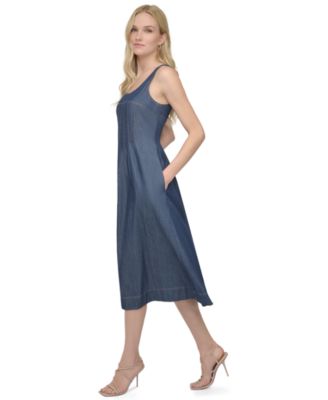 DKNY Petite Scoop-Neck Sleeveless Fit & Flare Denim Dress - Macy's