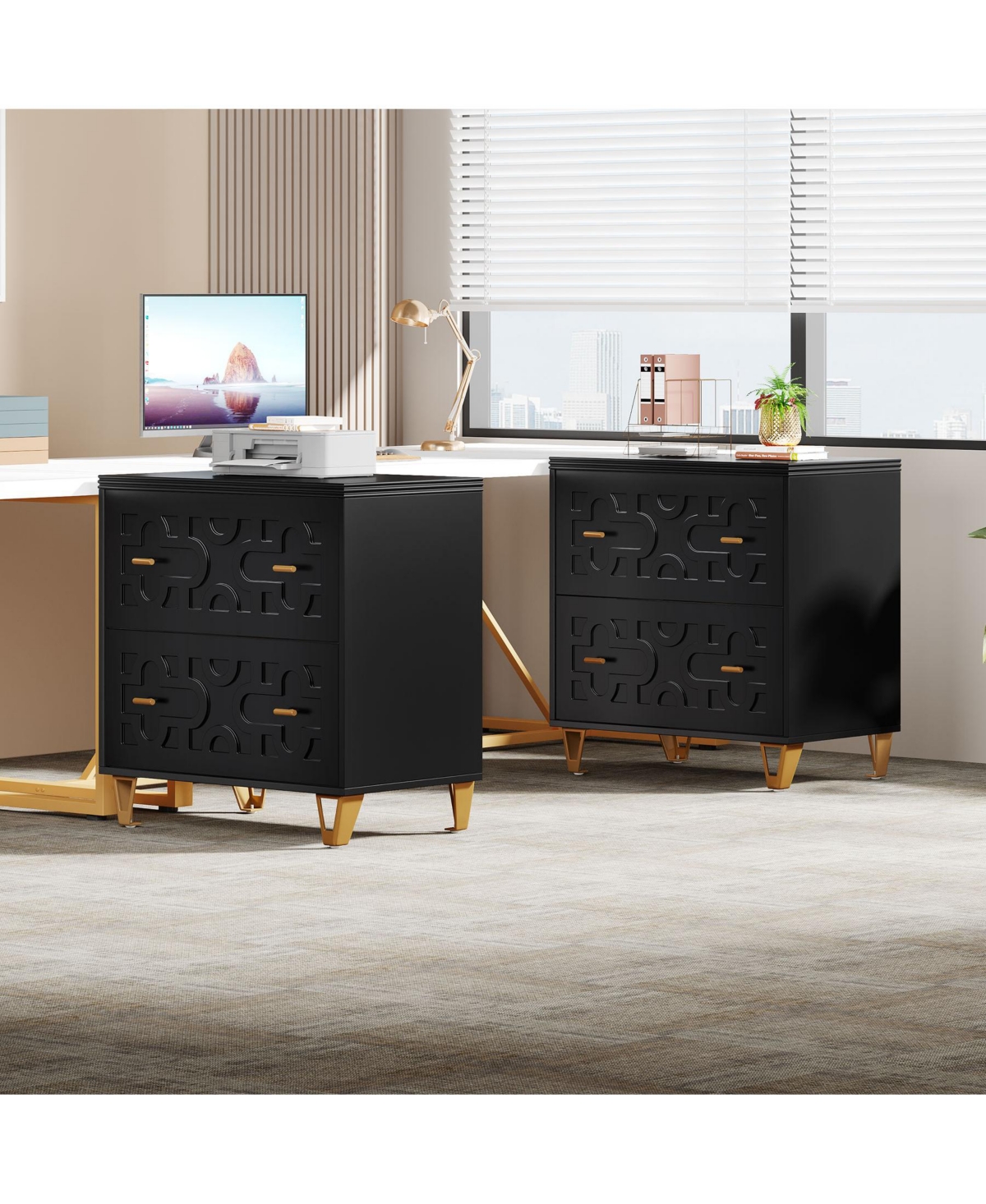 Tribesigns 2-Drawer Lateral File Cabinet, Modern White Filing Large Storage Cabinet Printer Stand for Home Office, and Gold