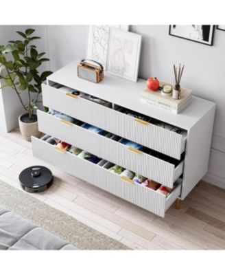 6 Drawer Dresser for Bedroom, 56” Wide Wood Dresser Organizer with Metal Legs, Modern Chest of Drawers for Bedroom, Hallway, Home Office