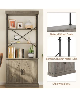 Tall Bookshelf with Doors Industrial Bookcase Freestanding Shelf Units Wood and Metal Book Shelf Storage Organizer for Bedroom