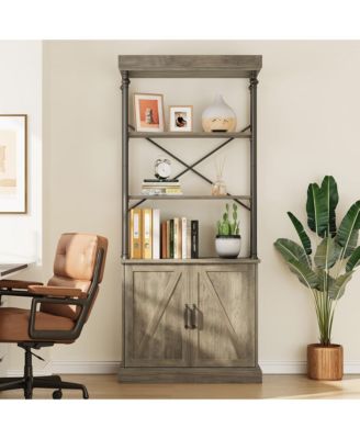 Tall Bookshelf with Doors Industrial Bookcase Freestanding Shelf Units Wood and Metal Book Shelf Storage Organizer for Bedroom