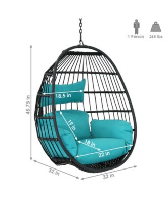 Dalia Black Steel and Polyethylene Wicker Hanging Egg Chair with Teal Polyester Seat Cushions - 45-Inch Tall