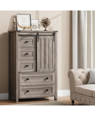 5 Drawer Dresser, Farmhouse Wooden Chest of Drawers with Sliding Barn Door, Adjustable Shelf, Tall Antique Dresser, Storge Cabinet for Bedroom, Living Room