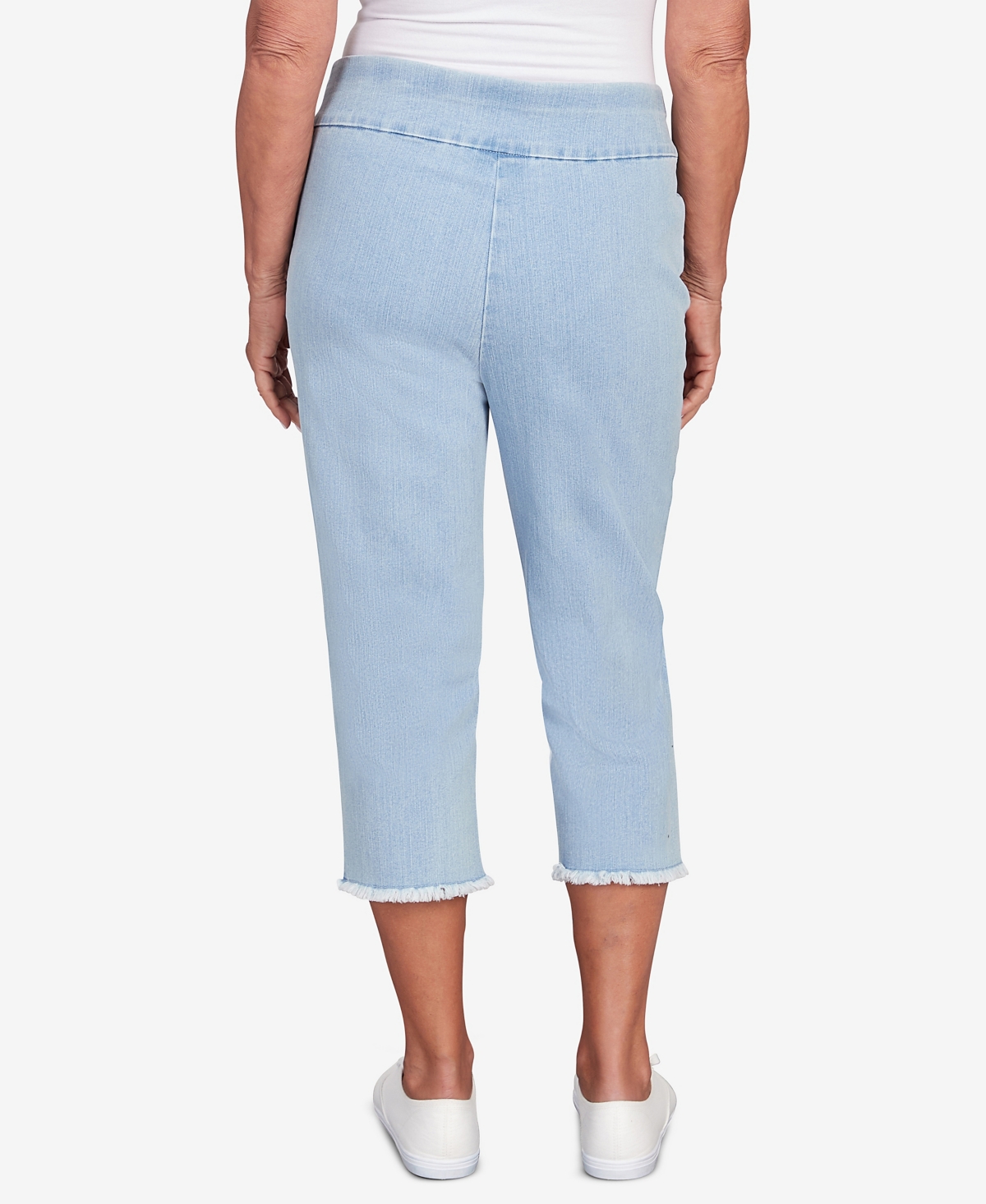 Alfred Dunner Petite Classic Neutrals Superstretch Denim Fringe Capri Pants In Light Denim