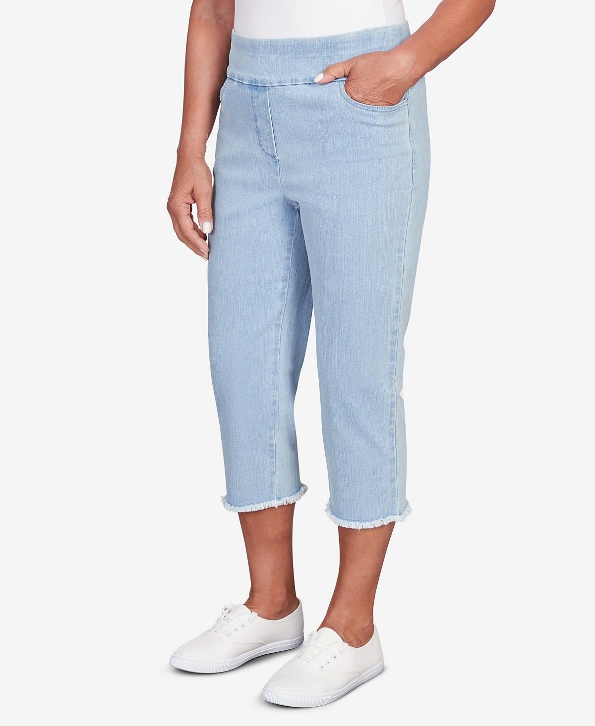 Alfred Dunner Petite Classic Neutrals Superstretch Denim Fringe Capri Pants In Light Denim