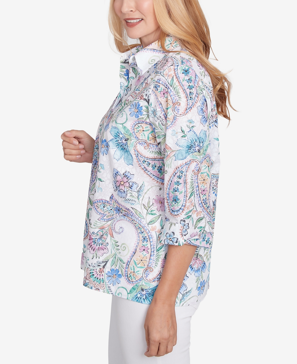 Alfred Dunner Petite Classics Paisley Button Down Cuffed Sleeve Top In Navy Multi