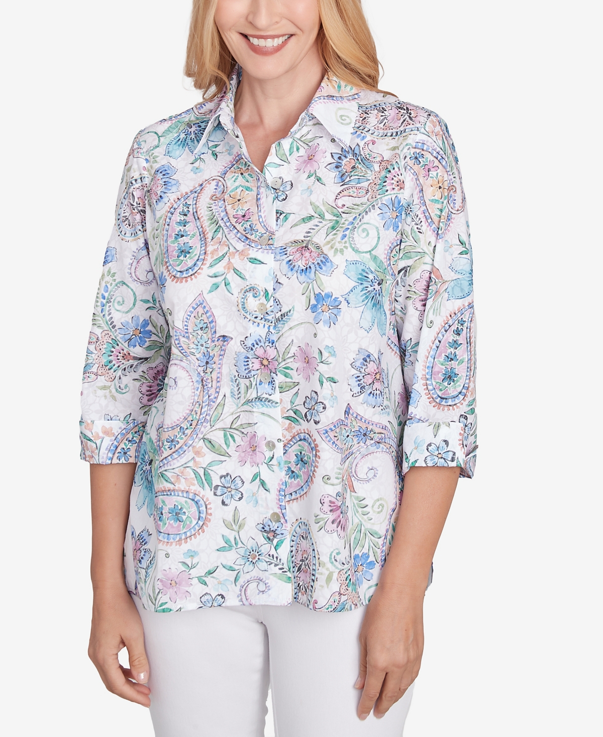 Alfred Dunner Petite Classics Paisley Button Down Cuffed Sleeve Top In Navy Multi