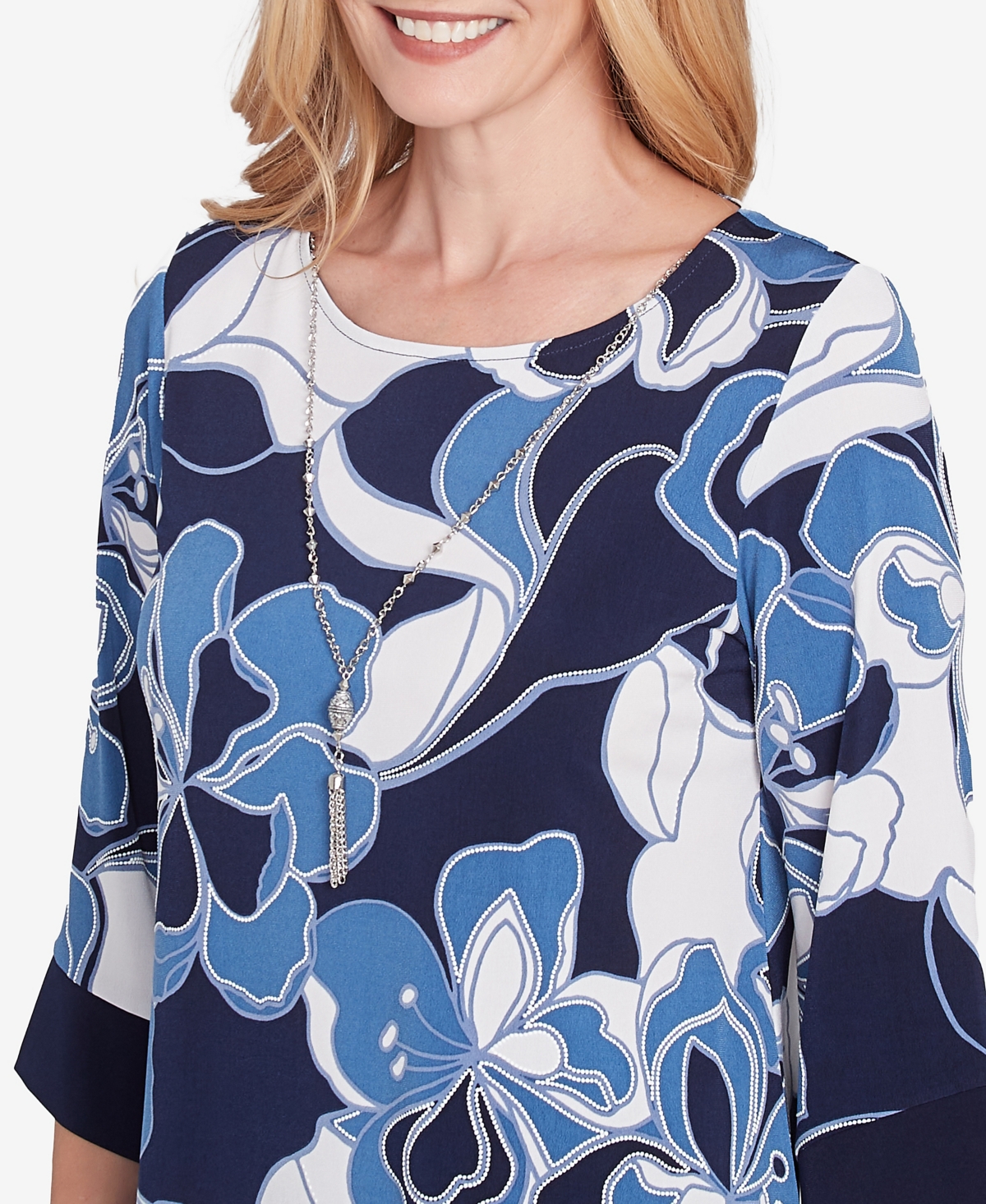 Alfred Dunner Plus Size Classic Abstract Bold Floral Patchwork Top With Necklace In Navy