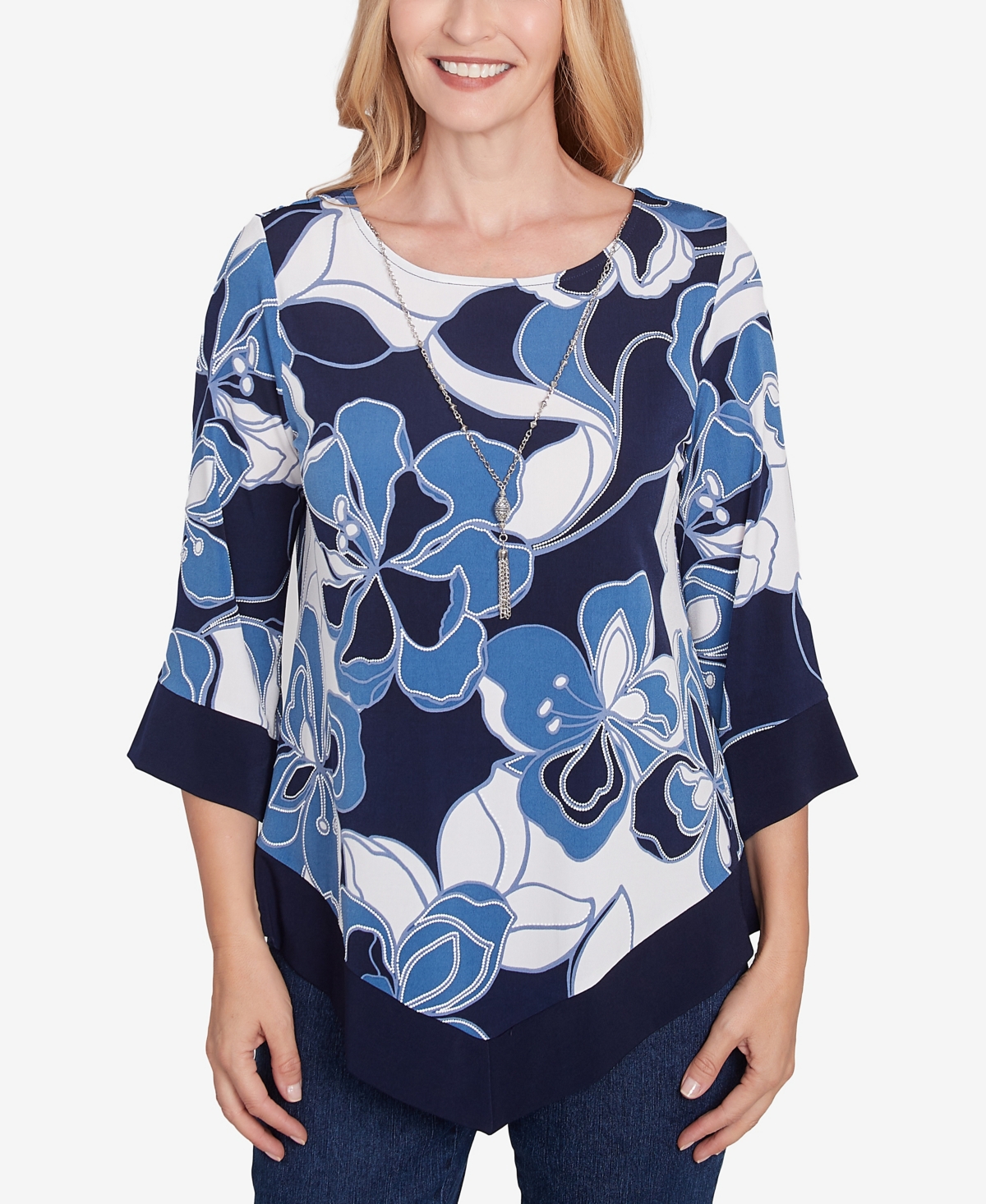 Alfred Dunner Plus Size Classic Abstract Bold Floral Patchwork Top With Necklace In Navy