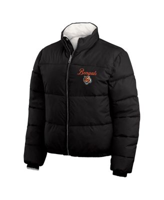 Women's Black, White Cincinnati Bengals Reversible Cropped Full-Zip Puffer Jacket
