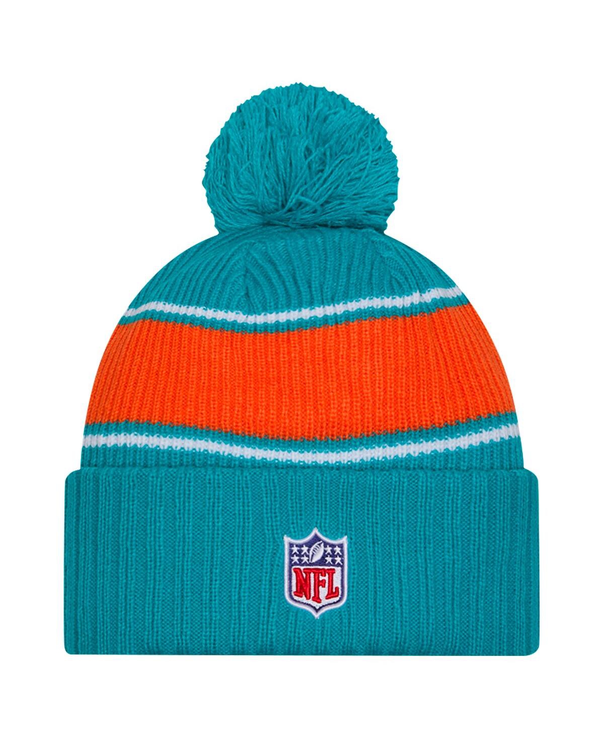 NEW ERA MEN'S AQUA MIAMI DOLPHINS 2024 SIDELINE CUFFED KNIT HAT WITH POM 