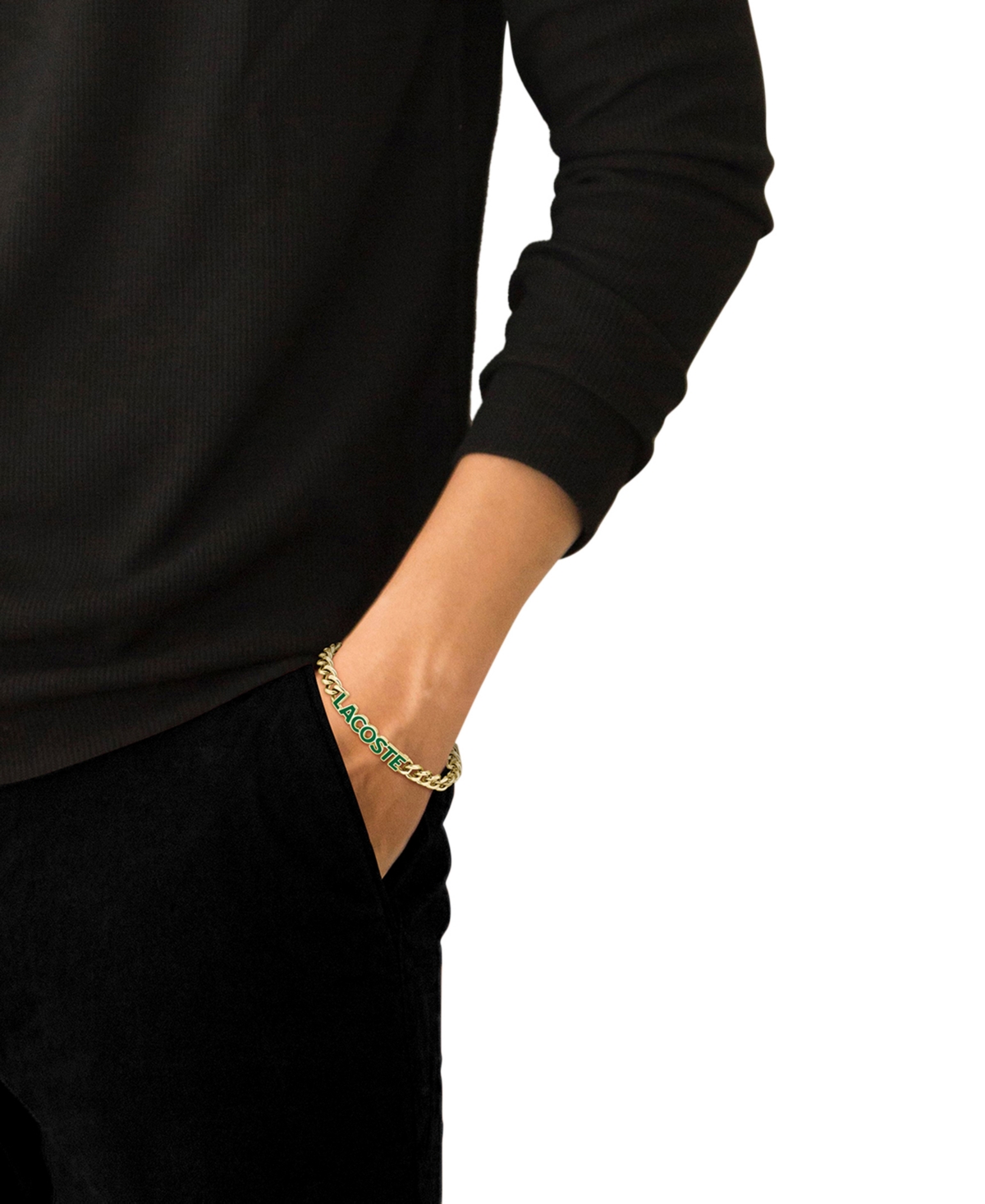 Lacoste Gold-tone Green Logo Script Chain Bracelet In Gold