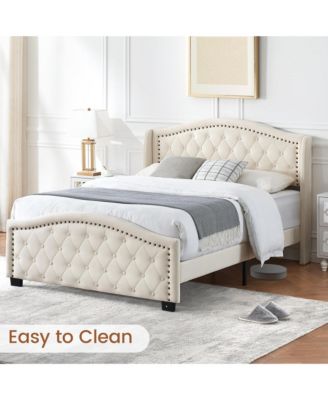 Queen Size Upholstered Platform Bed Frame with Tall Headboard 47.2"
