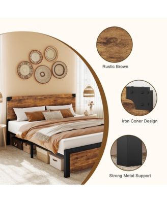 Full Bed Frame, Platform Full Size Bed Frame with Wood Headboard