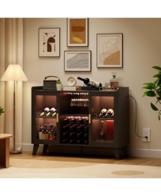 Bar Cabinet with LED Light, Liquor Cabinet with Racks & Glass Holder