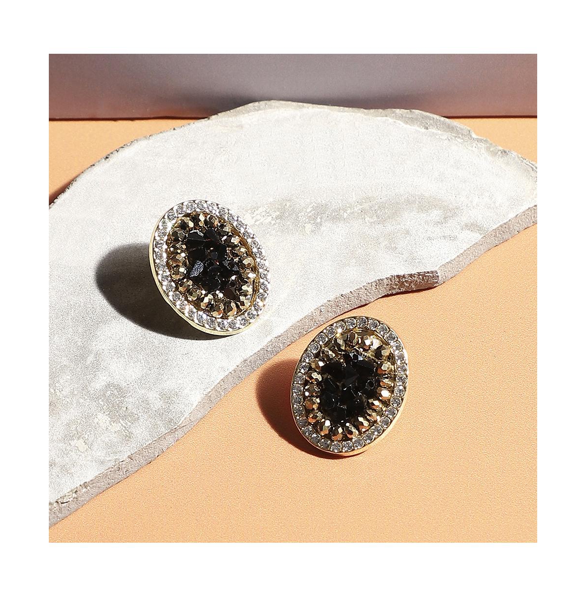Sohi Embellished Cluster Oval Stud Earrings In Black