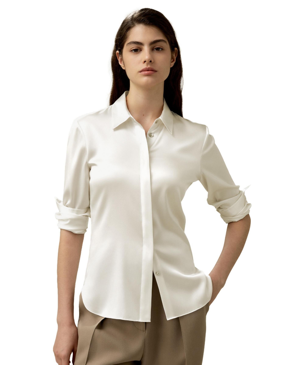Women's Elegant Silhouette Silk Shirt - Camel