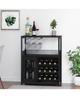 Wine Bar Cabinet with Detachable Wine Rack, Bar Rack Cabinet with Glass Holder and 1 Drawer, Mesh Door, Small Sideboard and Buffet Cabinet for Liquor and Glasses