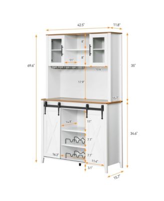 Farmhouse Bar Wine Cabinet with Sliding Barn Doors, Coffee Liquor Cabinets with Storage Shelves and Glasses Rack for Kitchen, Dining Room