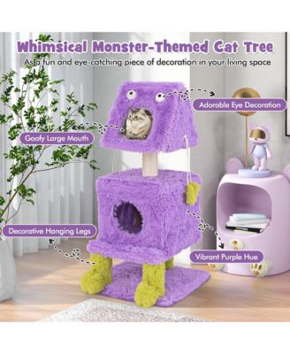 Cat Tree Cute Monster-Themed Cat Tower w/ 2 Private Condos & Soft Long Plush