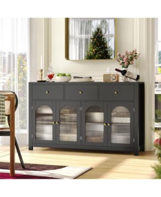 Buffet Cabinet with Storage, 55.1" Large Sideboard Buffet Cabinet, Farmhouse Kitchen Cabinet Display Cabinet with 3 Drawers and 4 Doors, Wood Coffee Bar Cabinet for Kitchen Dining Room,Black