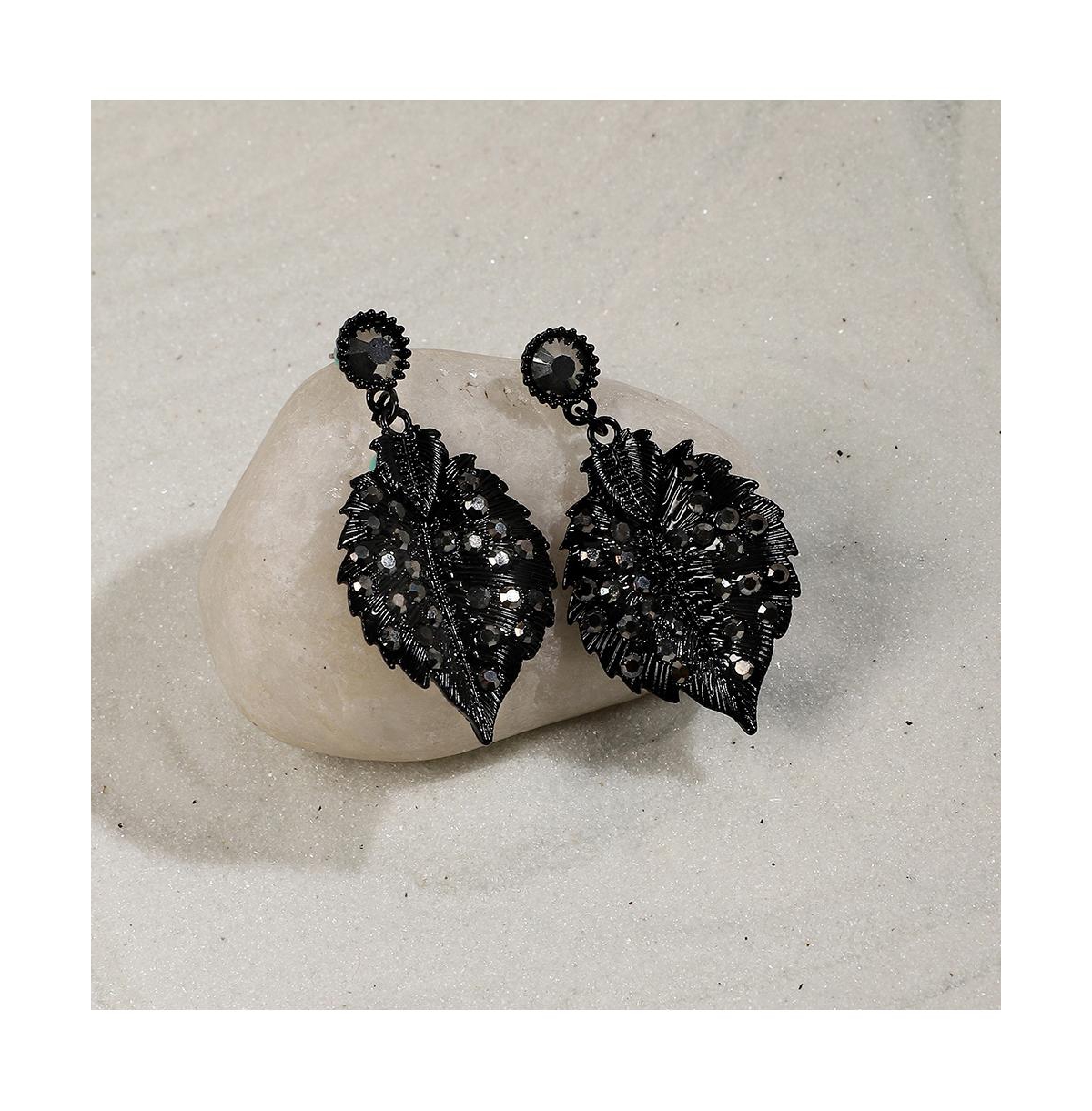 Sohi Embellished Leaf Drop Earrings In Black