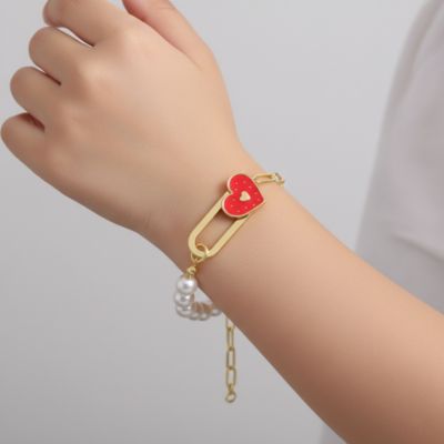 Kids 14K Gold Plated Bracelet with Pearls and Enamel Heart Clasp