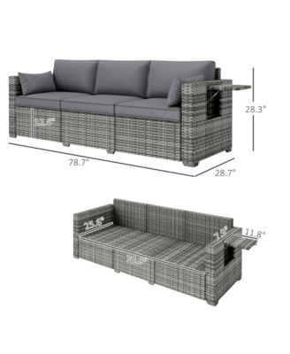 3-Seat Wicker Sofa w/ Side Trays, Outdoor Patio Couch, Mixed