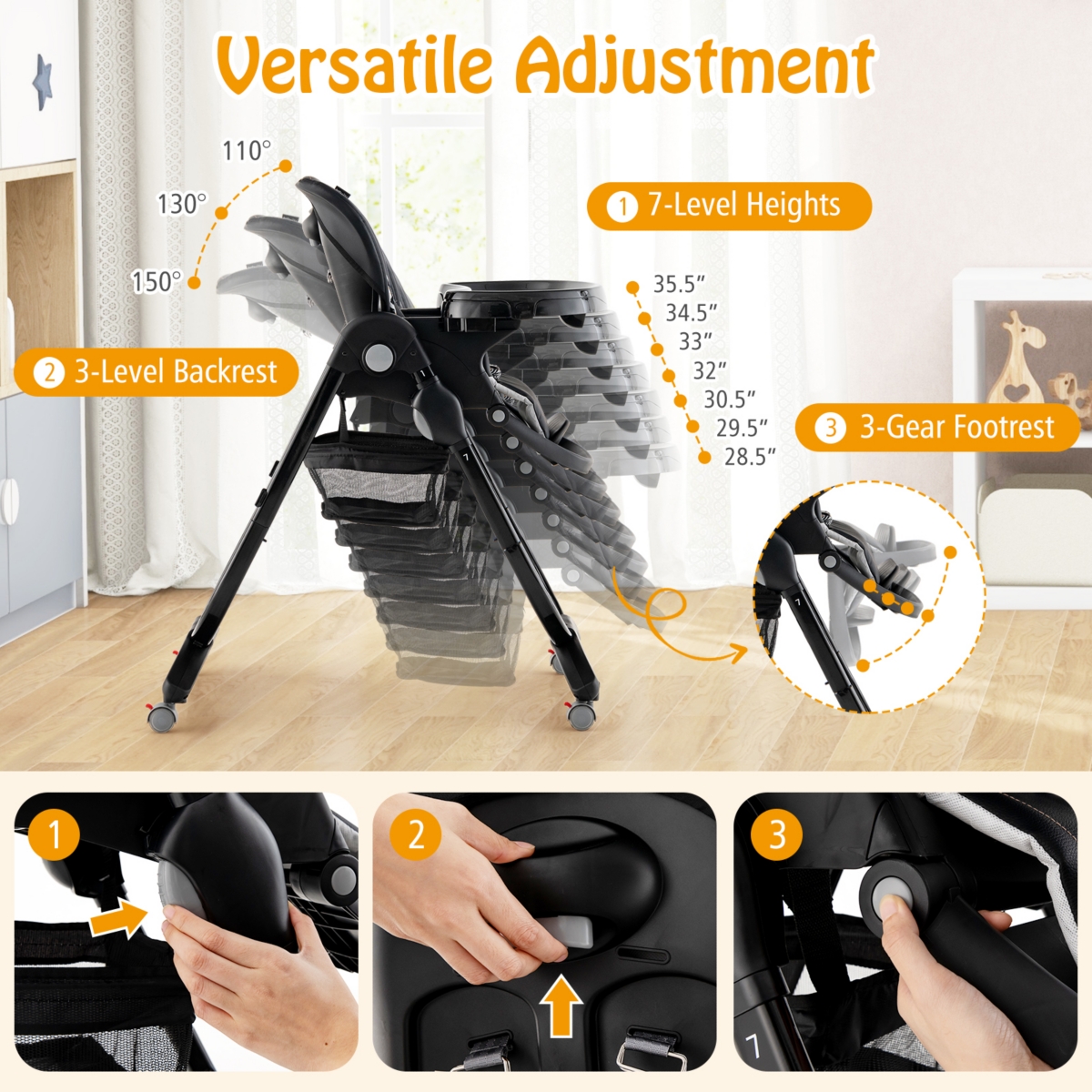 Gouun Multifunctional Folding Baby High Chair with Rolling Wheels and Adjustable Height