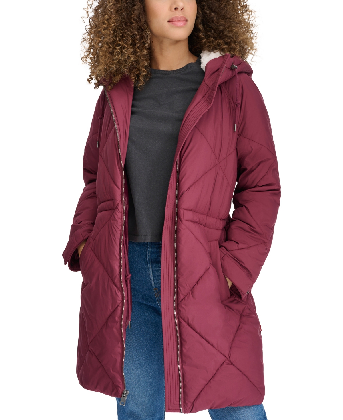 Levi's Women's Diamond Quilted Cinch Waist Parka Jacket In Burgundy