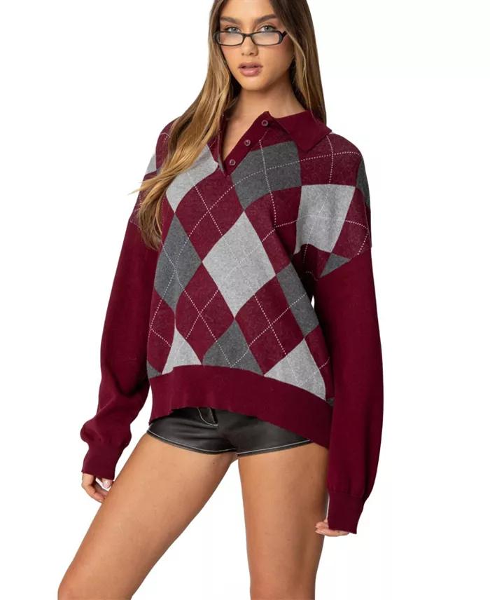 Women's Argyle Oversized Polo Sweater - thumbnail 5