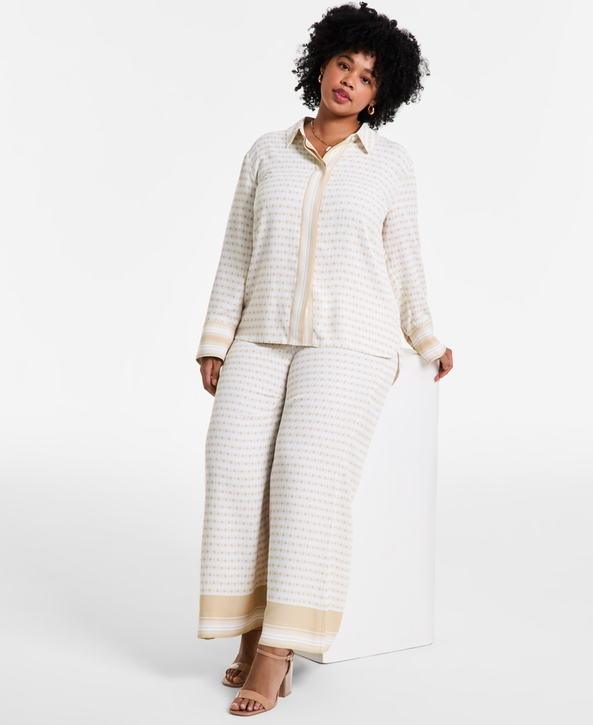 Vince Camuto Plus Size Printed Long Sleeve Shirt Wide Leg Pants In Natural Sand