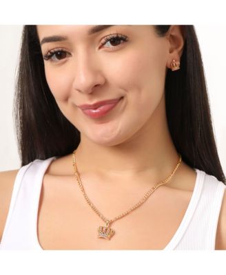 Crown Pendant Necklace & Stud Earrings Set - Pink Crystal Embellished