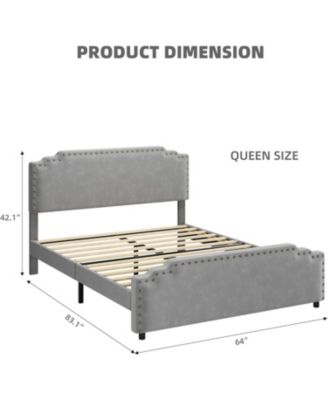 Queen Size Bed Frame with Headboard, Velvet Upholstered Platform Bed with Rivet Decor, Heavy Duty, No Box Spring Needed, Easy Assembly