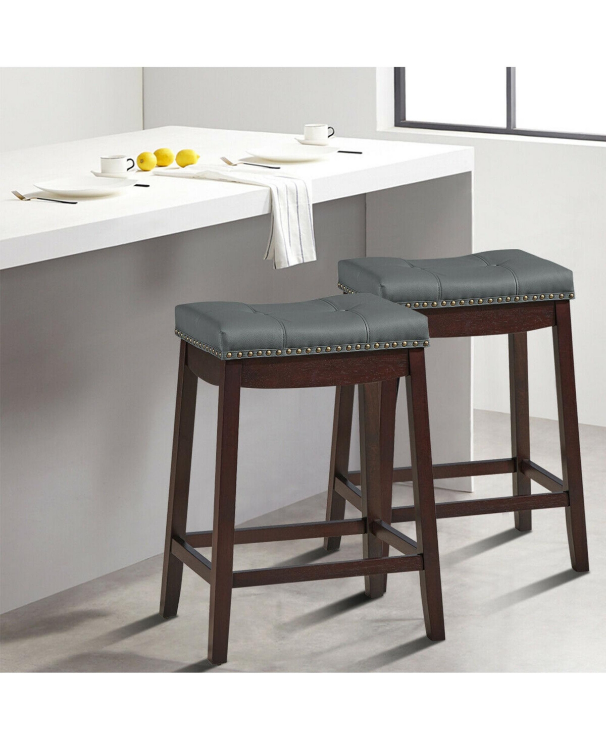 Gymax Set of 2 Nailhead Saddle Bar Stools 24'' Counter Stools Brown with Cushion