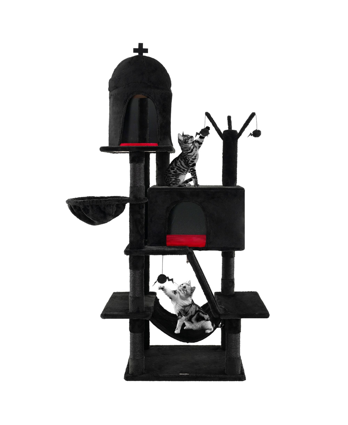 Gothic Cat Tree for Indoor Cats Black Large Cat Tower w/ 2 Cat Condos - Black + red