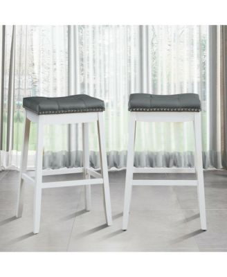 Set of 2 Nailhead Saddle Bar Stools 29'' Pub Chairs with Rubber Wood Legs