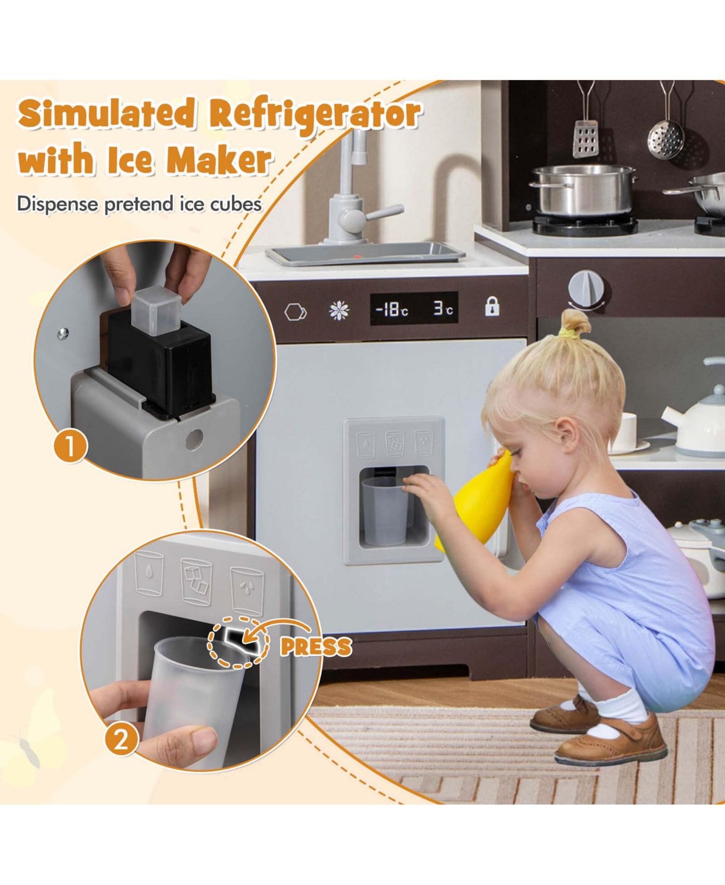 Детская игрушка Costway Light-Up Wooden Pretend Play Kitchen, Ages 3+, цвет: Серый — фото 6