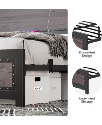 King Size Bed Frame with Headboard, Industrial Platform Bed Frame with Charging Station, No Box Spring Required, Easy to Assemble, Wooden Mattress Base