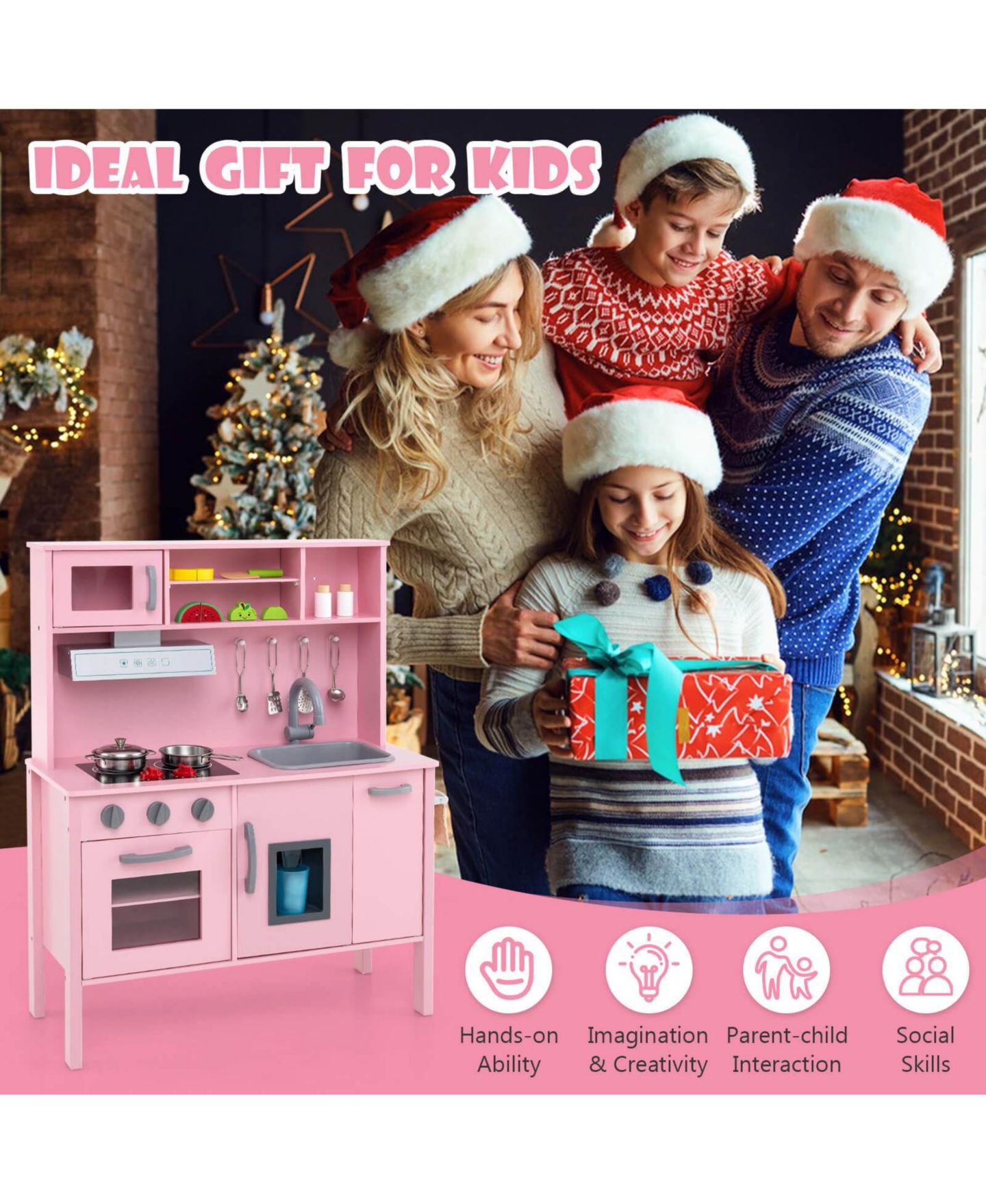 Детские игрушки Costway Chef Wooden 19-Piece Play Kitchen, Ages 3+, цвет: Розовый — фото 5