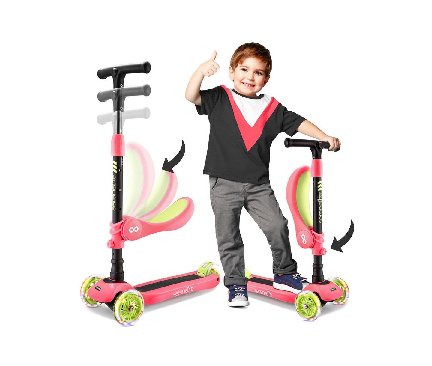 Детская игрушка SereneLife Infinity 3-Wheel Kids Scooter with LED Wheels & Adjustable Handlebar, 132 lb. Weight Capacity, Ages 2-7, цвет: Розовый — фото 1
