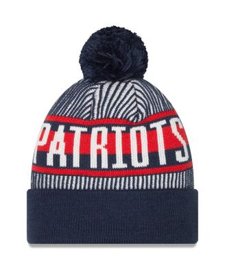 Men's Navy New England Patriots Striped Cuffed Knit Hat with Pom