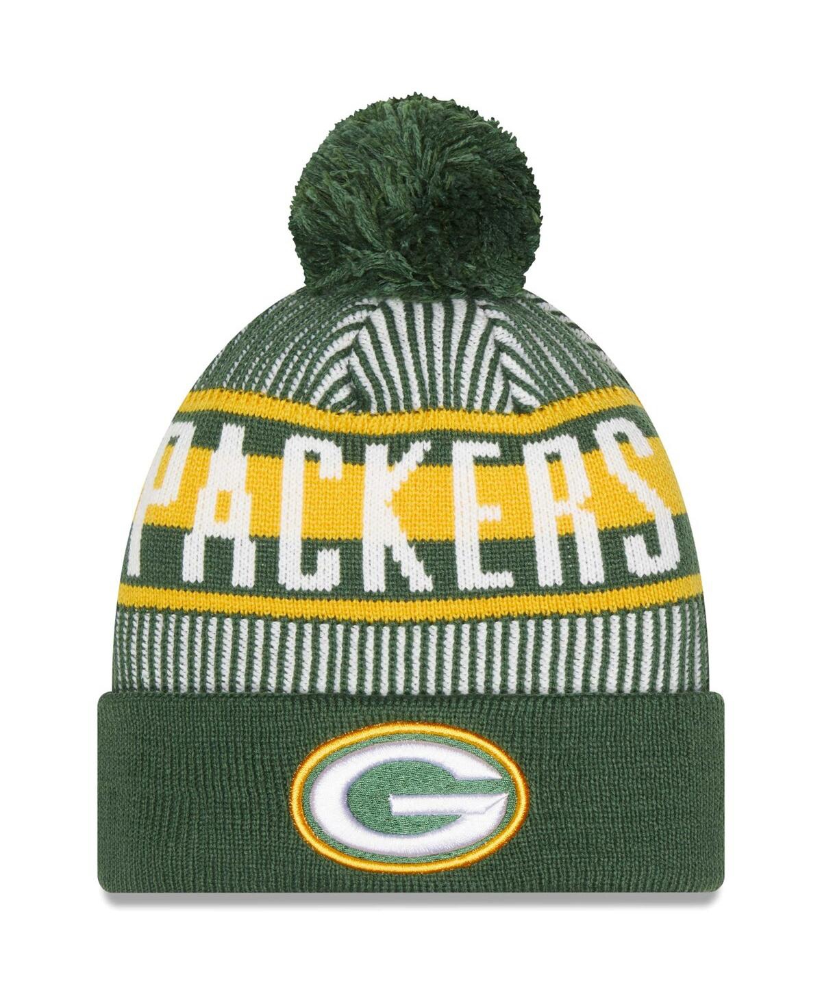 NEW ERA MEN'S GREEN GREEN BAY PACKERS STRIPED CUFFED KNIT HAT WITH POM 
